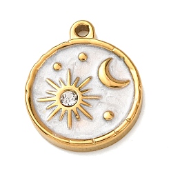 Белый 304 подвески из нержавеющей стали, с эмалью и горный хрусталь, плоские круглые подвески и подвески в виде солнца и луны, реальный 18 k позолоченный, ионное покрытие (ip), белые, 19x16x2.5 мм, отверстие : 1.2 мм