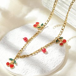 Золотой 304 ожерелья из нержавеющей стали с красной эмалью в виде вишни и круглого пластика для женщин, золотые, 15.75 дюйм (40 см)