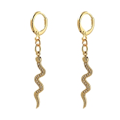 Golden Brass Micro Pave Cubic Zirconia Huggie Hoop Earrings, Snake, Golden, 48mm, Pin: 0.8mm