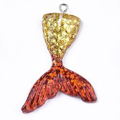 Коричневый Подвески из смолы, с порошком блеска и железом, форма хвоста русалки, платина, коричневые, 46x30x6 мм, отверстие : 2 мм