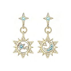 Golden Brass Micro Pave Cubic Zirconia Stud Dangle Earrings for Women, Sun with Star, Golden, 30mm