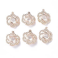 Crystal Rack Plating Light Gold Iron Pendants, with Glass Rhinestone, Flower Charm, Crystal, 28.5x23x8mm, Hole: 1.4mm