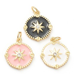 (52) Непрозрачная лаванда Латунные микро проложить кубического циркония подвески, с эмалью, долговечный, реальный 18 k позолоченный, плоские круглые с солнцем, разноцветные, 17x15x2 мм, отверстие : 3.5 мм