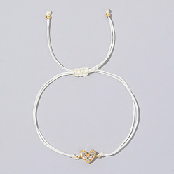 Белый Латунные браслеты с сердечками из кубического циркония, регулируемые плетеные браслеты из полиэфирной нити для женщин, белые, внутренний диаметр: 11 дюйм (28 см)