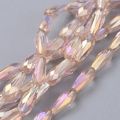 Персиковый Слойка Гальванизируйте прозрачное стекло бисер нитей, с полным покрытием цвета радуги, граненые, граненые, слеза, розовые, 9~10x4 мм, отверстие : 0.8 мм, около 64~66 шт / нитка, 60~62 см