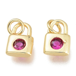 Hot Pink Brass Micro Pave Cubic Zirconia Charms, with Jump Ring, Lock, Golden, Hot Pink, 8.5x5.5x2.5mm, Hole: 1.5mm, Jump rings: 3.5x0.8mm