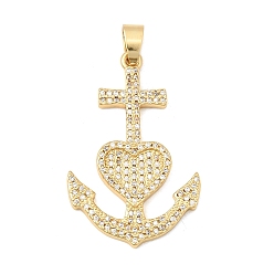 Настоящее золото 18K Латунные микропаве прозрачные подвески с фианитом, долговечный, стойки покрытие, без свинца и без кадмия, якорь с сердечками, реальный 18 k позолоченный, 36.5x23.5x3 мм, отверстие : 6x4 мм