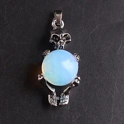 Opalite Opalite Sphere Ball Pendants, Halloween Skeleton Metal Charms, Platinum, 16mm