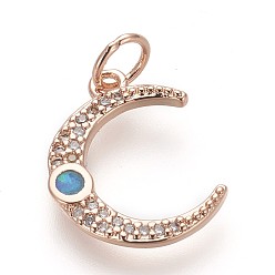 Розовое Золото Латунные микро проложить кубического циркония подвески, с опалом, без свинца, без кадмии и без никеля, луна, красочный, розовое золото , 16.5x13x2 мм, отверстие : 3.5 мм