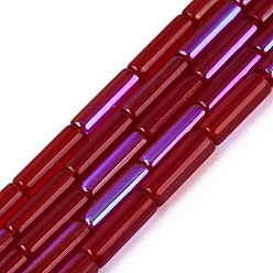 Dark Red Electroplate Transparent Glass Beads Strands, Tube, Rainbow Plated, Half Plated, Dark Red, 13~13.5x4~4.5mm, Hole: 0.5~0.8mm, about 27~30pcs/strand, 13.98~15.75 inch(35.5~40cm)