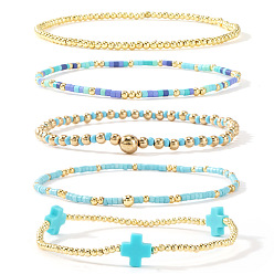Голубой 5шт. 5 стили браслетов из латуни и смоляных бусин на эластичной основе, составные браслеты для женщин, крест, круг и столбик, золотые, голубой, 6.50 дюйм (16.5 см)