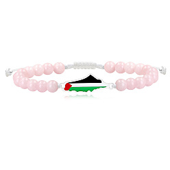 Нержавеющая Сталь Цвет Карта Палестины 304 Браслеты из нержавеющей стали с эмалированными звеньями, Браслеты из плетеных бусин из натурального розового кварца круглой формы для женщин и мужчин, цвет нержавеющей стали, 6.89 дюйм (17.5 см)