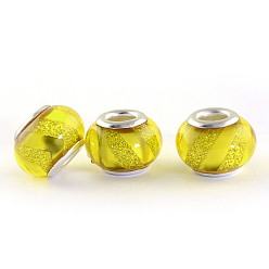 Желтый Cmолы европейские шарики, бусины с большими отверстиями в форме шайбы, с серебряного цвета латуни двойные сердечники, желтые, 13.5~14x9.5~10 мм, отверстие : 5 мм