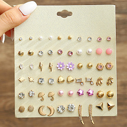 Лиловый 30пары комплектов серег-гвоздиков из сплава и пластика с имитацией жемчуга и страз, золотые, сирень, 108x115 мм