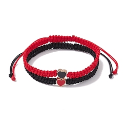 Rouge 2pcs 2 couleurs fil de nylon tressé, cordon de nouage chinois cordon de perles tressé perle meilleurs amis bracelts, avec des perles d'émail en alliage, cœur, noir, rouge, 60~110, 1 pc / couleur