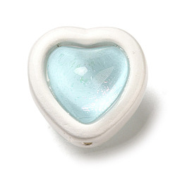 Cyan Clair Perles en alliage et verre transparent, mat couleur argent, perles en forme de coeur double face, cyan clair, 11x11.5x10.5mm, Trou: 1mm