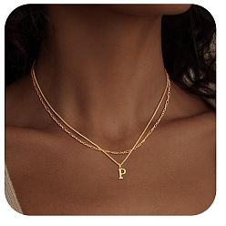 Letter P Сплав начальный кулон двухслойные ожерелья для женщин мужчин, золотые, Письмо P, 17.72 дюйм (45 см)