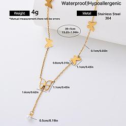 Butterfly 304 Stainless Steel Pendant Necklaces with White Imitation Pearl, Golden, Butterfly, 15.35 inch(39cm)