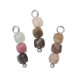 Платина Подвески из натурального разноцветного турмалина, подвески из граненых кубических бусин с латунными петлями, платина, 16x4x4 мм, отверстие : 2 мм
