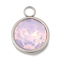 Pink Тематика камней по знаку зодиака октябрь 304 подвески из нержавеющей стали, плоский круглый шарм, с k 9 стеклом, полировка, граненые, розовые, 16x12x7.3 мм, отверстие : 2.6 мм