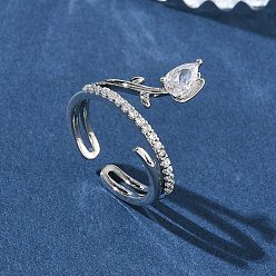 Прозрачный Латунные микропаве кубические цирконии манжеты открытые кольца для женщин, цветок, долговечный, стойки покрытие, платина, прозрачные, 15.5 мм, 17 мм
