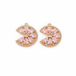 Pink Brass Micro Pave Cubic Zirconia Charms, with Glass, Nickel Free, Real 18K Gold Plated, Flower, Pink, 18x15x3mm, Hole: 1mm