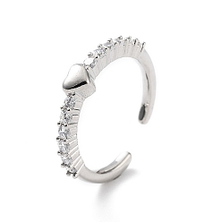 Платина Покрытие стойки в форме сердца латунь микро паве прозрачный кубический цирконий открытые кольца, долговечное кольцо-манжета для женщин с покрытием, без свинца и без кадмия, платина, размер США 6 1/2 (16.9 мм)