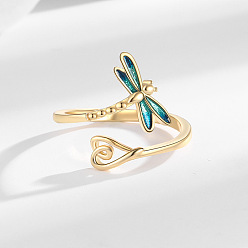 Golden Brass Enamel Cuff Open Rings, Dragonfly, Golden, 15~20mm