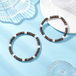 Кокосово-Коричневый 2 шт. 2 стили, натуральные плоские круглые бусины из кокоса и белой скорлупы, эластичные браслеты для мужчин и женщин, кокосового коричневый, внутренний диаметр: 2-1/8~2-1/2 дюйм (5.5~6.5 см), 1 шт / стиль