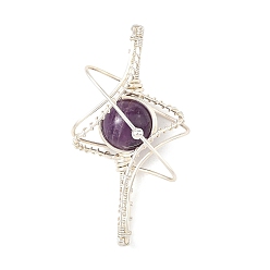 Amethyst Natural Amethyst Copper Wire Wrapped Pendants, Star Charms, Silver Color Plated, 42.5~43.5x22.5~23x12~13mm, Hole: 8~9x3~3.5mm