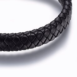Black Leather Braided Cord Bracelets, 304 Stainless Steel Magnetic Clasp, Rectangle, Gunmetal, Black, 8-5/8 inch(22cm), 12x6mm