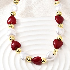 Темно-Красный Ожерелья из латунных и АБС-искусственных жемчужин в форме сердца и круглых бусин для женщин, без кадмия и без свинца, стойки покрытие, долговечный, реальный 18 k позолоченный, белые, темно-красный, 17.91 дюйм (45.5 см), удлинитель: 60 мм