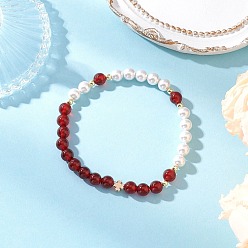 Красный Агат Браслеты из круглых бусин из ракушечного жемчуга и натурального сердолика для женщин, с латунными бусинами-разделителями в виде клевера, внутренний диаметр: 2-1/4 дюйм (5.6 см)