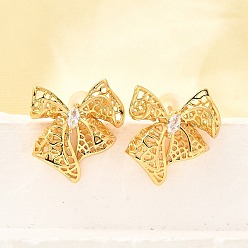 Прозрачный Серьги-гвоздики из латуни с микропаве и бантиком из циркония, долговечный, без никеля , реальный 18 k позолоченный, прозрачные, 17x16 мм