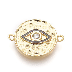 Golden Brass Micro Pave Cubic Zirconia Links, Clear, with Enamel, Lead Free & Cadmium Free, Flat Round with Eye, Golden, 14.5x19x2mm, Hole: 1.2mm