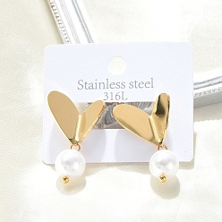 Настоящее золото 18K 304 серьги-гвоздики из нержавеющей стали с имитацией жемчуга ABS, Сердце с круглыми, ионное покрытие (ip), реальный 18 k позолоченный, 30x19 мм