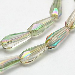 Yellow Green Faceted Rainbow Plated Teardrop Electroplated Glass Beads Strands, Yellow Green, 10x4mm, Hole: 1mm, about 60pcs/strand, 23.6 inch