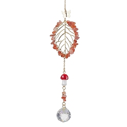 Carnelian Carnelian with Glass and Lampwork Pendant Decorations, With Alloy Finding, Leaf, 250mm