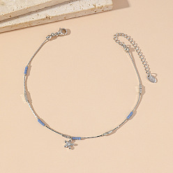 Васильковый Браслет на лодыжку из нержавеющей стали и стекла с подвеской в виде цветка, инкрустированной прозрачными кубическими циркониями 304, цвет нержавеющей стали, васильковый, 7-7/8 дюйм (200 мм)