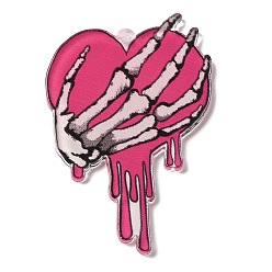 Deep Pink Printed Acrylic Pendants, Valentine's Day, Heart with Skeleton Hand charms, Deep Pink, 44x30.5x2.5mm, Hole: 1.6mm