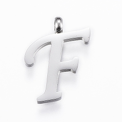 Letter F Устойчивые к потускнению 304 подвески из нержавеющей стали, Начальная буква, буква f, цвет нержавеющей стали, 17x13x2 мм, отверстие : 2 мм
