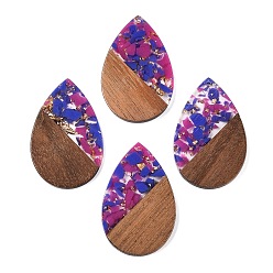 Розовато-лиловый Большие подвески из прозрачной смолы и орехового дерева, с блеском порошок, слеза, розовато-лиловый, 51.5x33~33.5x3.5 мм, отверстие : 2 мм