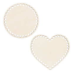 BurlyWood Cedar Wooden Basket Bottoms, for DIY Knitting Crochet Bag Bottom Shaper, Heart with Flat Round, BurlyWood, 16x16.6x0.35cm, Hole: 8mm, 14.95x0.25cm, Hole: 6mm, 2pcs/set