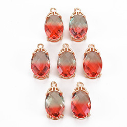 Красный Покрытие стойки латунь микропаве прозрачные подвески из кубического циркония, С граненым стеклом, долговечный, без кадмия и без свинца, овальные, красные, 20x10x7.5 мм, отверстие : 1.5 мм