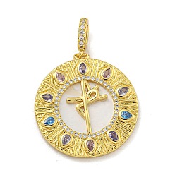 Плоский Круглый Стойка металлическая латунная микропрофилированная кубическая циркония подвески, с естественной оболочке, без кадмия и без свинца, долговечный, реальный 18 k позолоченный, плоско-круглые, 28x26.5x3.5 мм, отверстие : 3.5x5.5 мм