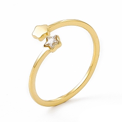 Настоящее золото 14K Ионное покрытие (ip) 304 манжета из нержавеющей стали для женщин, Звезда кубический цирконий открытые кольца, реальный 14 k позолоченный, 0.8 мм, внутренний диаметр: американский размер 7 1/4 (17.5 мм)