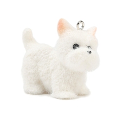 Белый Флокированные подвески из непрозрачной смолы, вест-хайленд-уайт-терьер, с железной платиной петлей, белые, 29x18x39 мм, отверстие : 2 мм