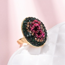 Золотой Кольца-манжеты из латуни и полимерной глины со стразами и натуральным гранатом, овальный с рисунком винограда, золотые, овальный : 23x18.5 mm, размер США 7 (17.3 мм)