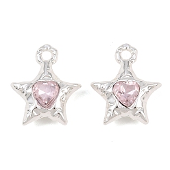 Pink Y2K Style Alloy & Glass Pendants, Star with Faceted Heart Charm, Silver, Long-Lasting Plated, Rack Plating, Pink, 20x17x6.5mm, Hole: 2.3mm