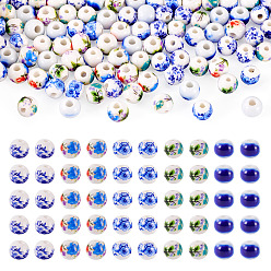 Синий 100 шт. 5 стили фарфоровые керамические бусины ручной работы с цветочным принтом, круглые, синие, 6 мм, отверстие : 1.8~2 мм, 20 шт / стиль